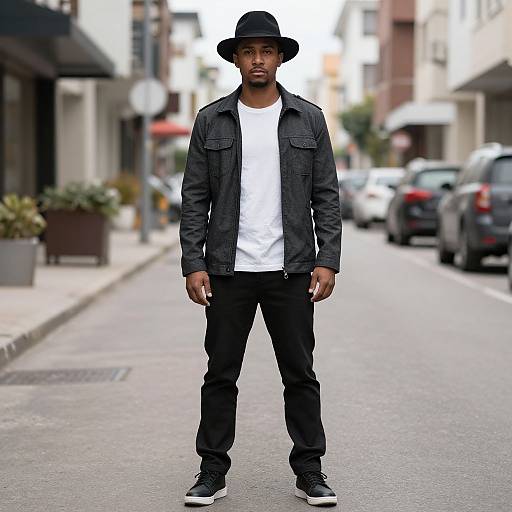 Photograph of a Black man standing on a urban street, wearing a black hat, denim jacket, white t-shirt, black pants, and white sneakers