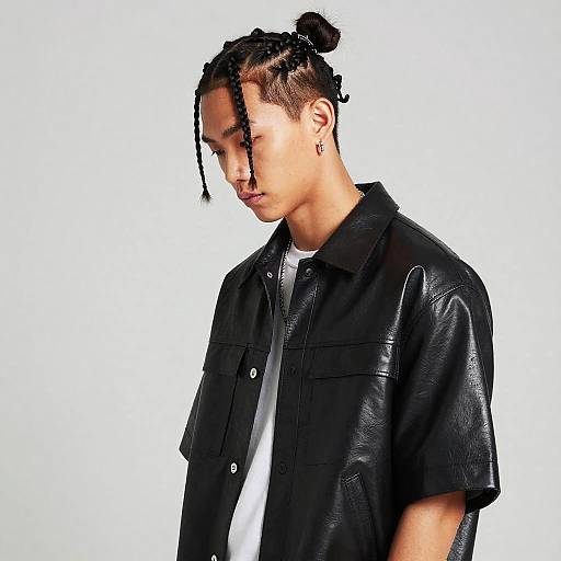 Male Model with Braided Bun Hairstyle in Leather Shirt