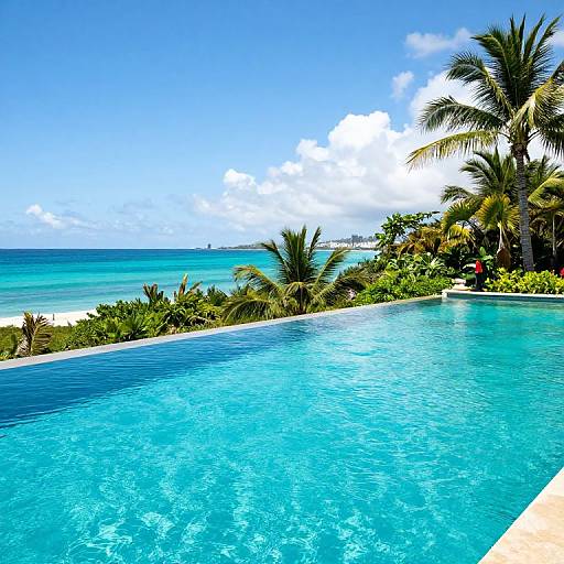 Photograph of a bright blue infinity pool overlooking a clear turquoise ocean, with palm trees and lush greenery on the right.