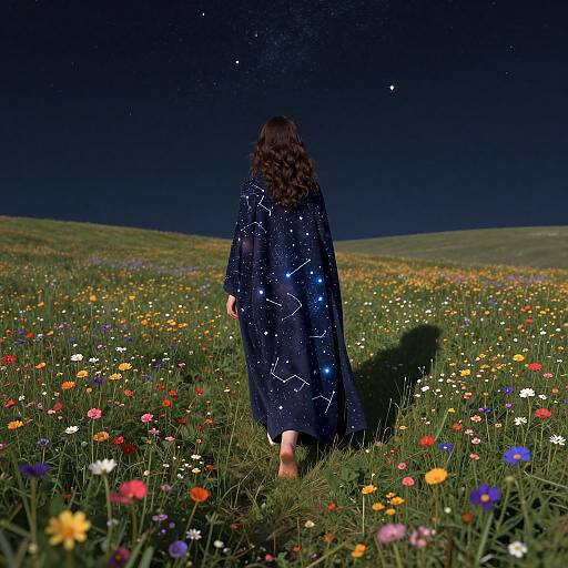 Photograph of a person with long brown hair, wearing a dark blue, star-patterned cloak, standing in a colorful meadow at night, with
