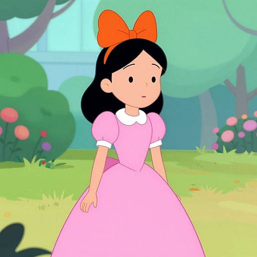 Digital cartoon of a young girl with black hair, orange bow, pink dress, white collar, standing in a colorful garden.