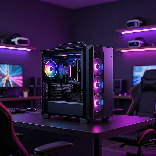 Photograph of a neon-lit, futuristic gaming PC with colorful LED lights, sitting on a dark wooden table in a dimly lit, purple and