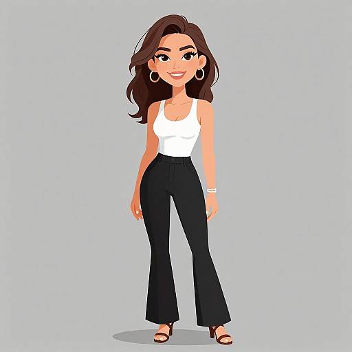 Digital cartoon of a smiling woman with long brown hair, wearing a white tank top, black high-waisted pants, and black heels. She has