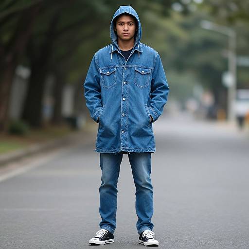 Photograph of a young Asian man standing on a quiet, tree-lined street in a blue denim hooded jacket, blue jeans, and black-and-white