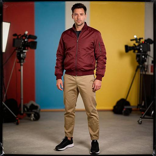 Photograph of a man with short dark hair, wearing a maroon jacket, beige pants, and black sneakers, standing in front of colorful yellow,