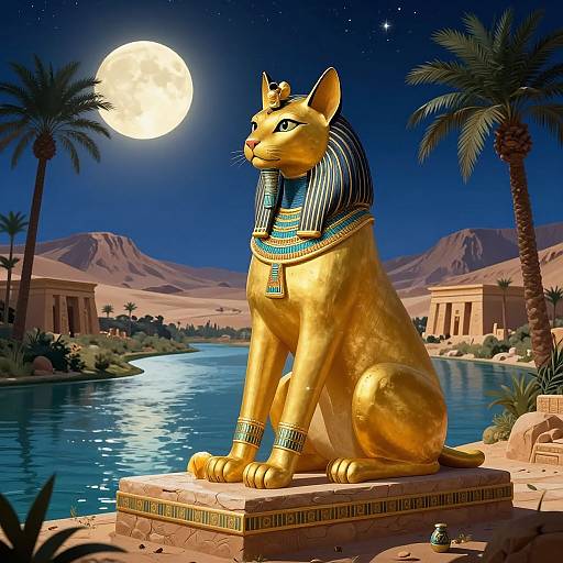 Digital illustration of a golden Anubis statue with a blue-striped collar, sitting by a Nile River under a full moon, surrounded by palm trees and