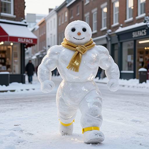 Photograph of a muscular snowman with black eyes, orange carrot nose, yellow scarf, and yellow boots, walking on a snowy street with brick buildings