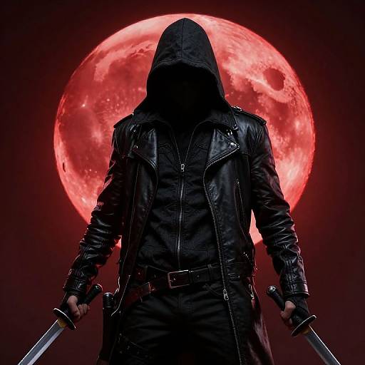Photograph of a hooded figure in black leather coat, holding swords, against a glowing red full moon background. Dark, ominous atmosphere.