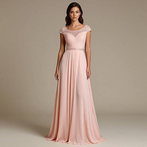 Photograph of a woman with dark hair wearing a pale pink, floor-length, lace-embellished, short-sleeve gown against a plain