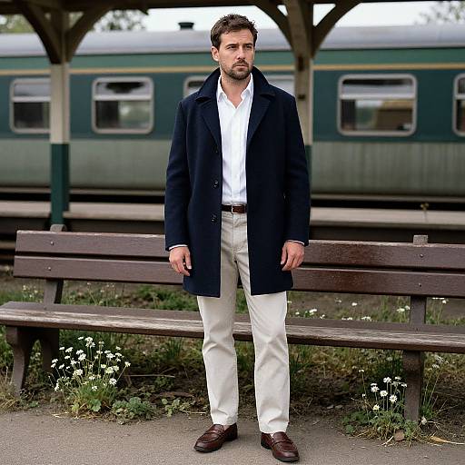 Photograph: Bearded man with short brown hair, wearing dark navy coat, white shirt, beige pants, brown shoes, standing on train platform bench