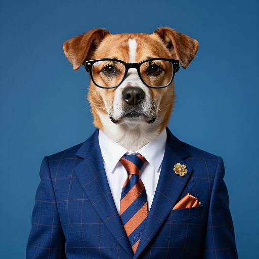 Photograph of a brown and white dog with black glasses, wearing a blue plaid suit, white shirt, orange-striped tie, and pocket square,