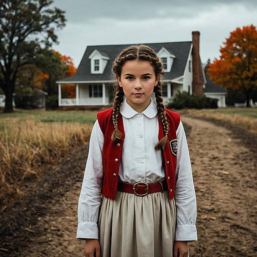 Girl in Historical Costume on Autumn Path