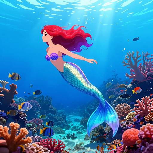 Digital illustration of a red-haired mermaid with a blue fish-scale tail, swimming through a vibrant, colorful coral reef teeming with fish and marine life