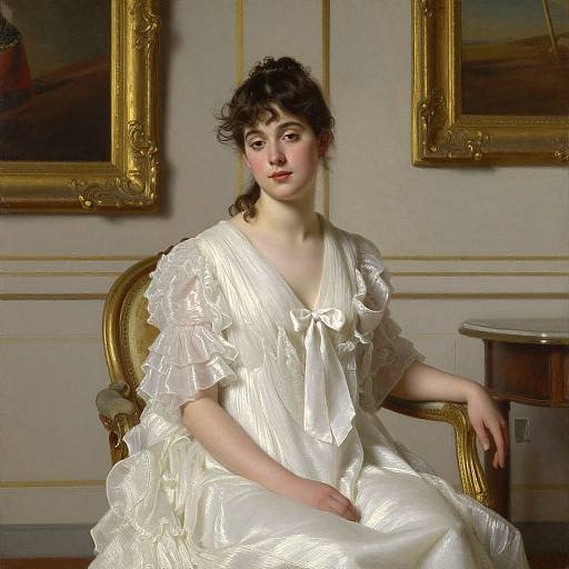 Photograph of a young white woman with dark hair, wearing a white, ruffled, Victorian-style dress, seated in an ornate gold chair in