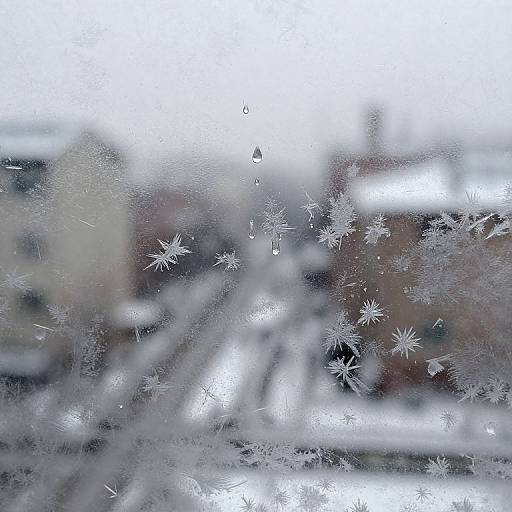 Photograph of a frosty window with intricate ice crystals and water droplets, showing a blurred, snow-covered urban background.