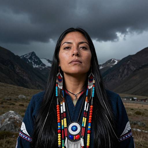 Photograph of a Native American woman with long black hair, wearing colorful beaded necklaces, traditional dark clothing, against a cloudy mountain landscape.