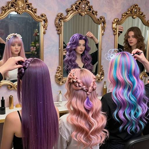 Photorealistic digital image: Three women with vibrant, long wavy hair in purple, pink, and blue receive hairstyling in an ornate,