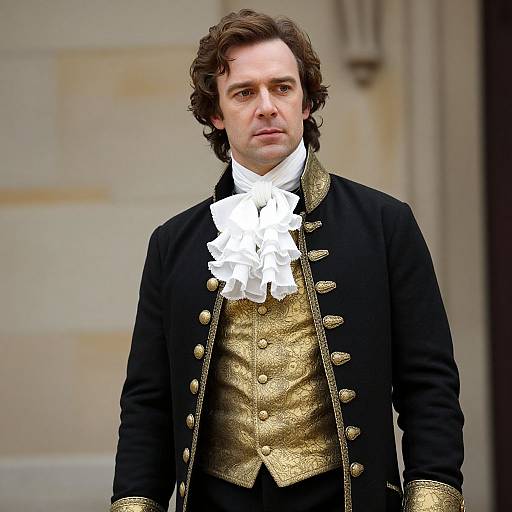 Photograph of a white man with curly brown hair, wearing an 18th-century black coat with gold buttons, white ruffled shirt, and gold