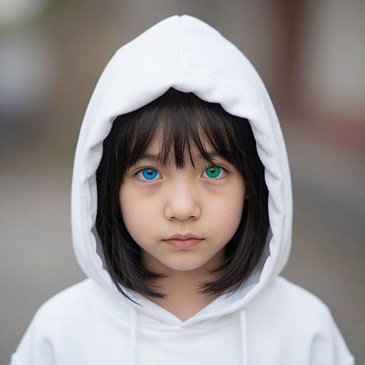 Photograph of an Asian child with black hair, blue and green heterochromatic eyes, wearing a white hooded sweatshirt, against a blurred outdoor