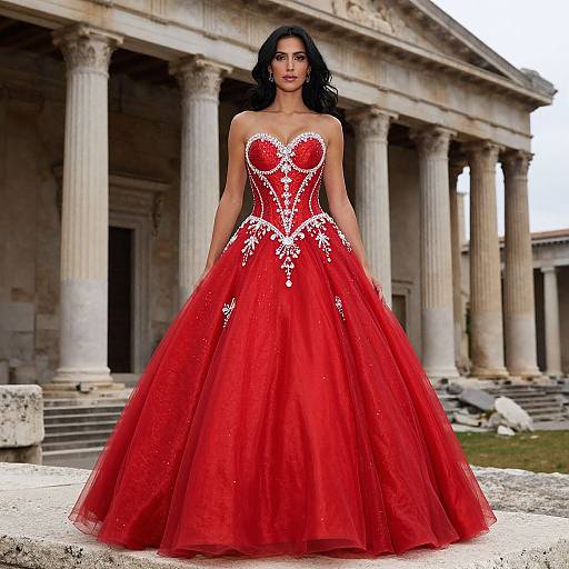 Photograph of a black-haired woman in a red, strapless, full-skirted gown with white floral embroidery, standing in front of ancient Greek