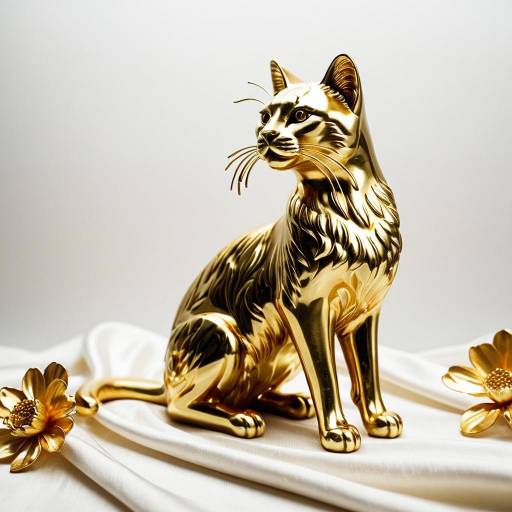 Elegant Golden Cat Sculpture on White Fabric