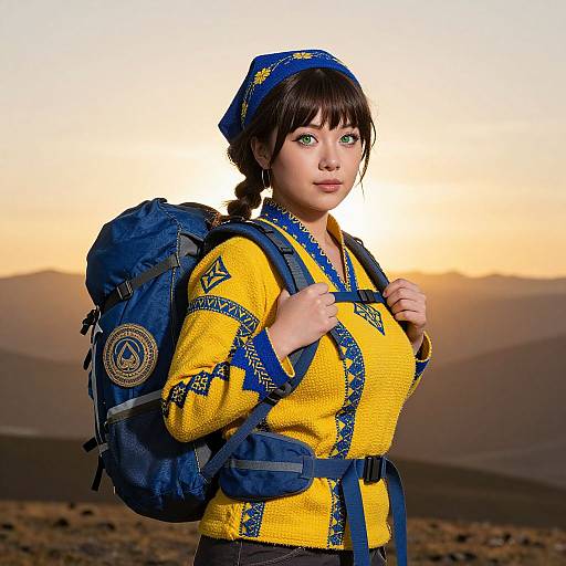 Photograph of an Asian woman with green eyes, wearing a yellow and blue embroidered top, blue headband, and large blue backpack, standing in a