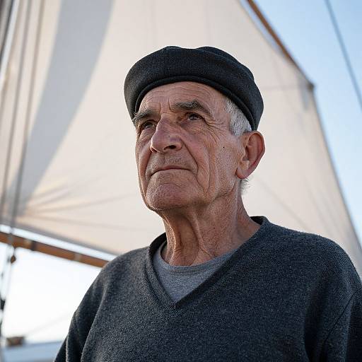 Photograph of an elderly man with wrinkled skin, wearing a black flat cap and dark sweater, looking upward with a serious expression, against a blurred