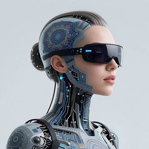 Digital artwork of a cybernetic woman with a futuristic hairstyle, intricate circuitry on her head and neck, black sunglasses, and a pale skin tone