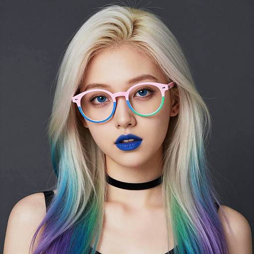 Photograph of a young woman with platinum blonde, rainbow-tipped hair, wearing pink and blue round glasses, blue lipstick, black choker, and