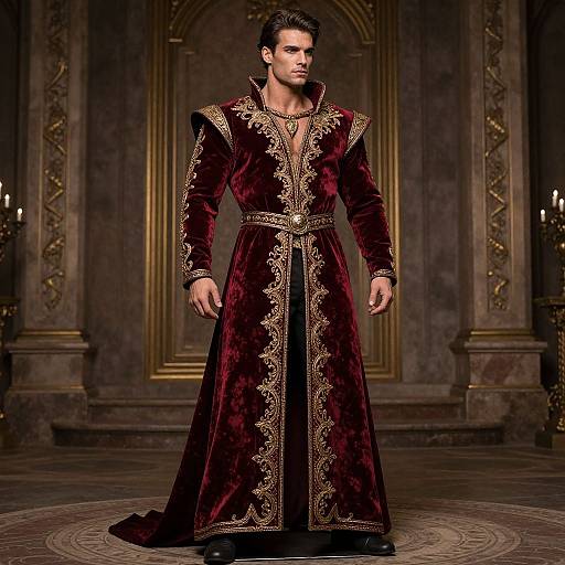 Photograph of a handsome man with short dark hair in an ornate, deep burgundy velvet robe with gold embroidery, standing in a luxurious, dim