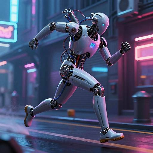 Biomechanical Cyborg Sprinting in Neon Alley