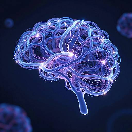 Photographic CGI of a glowing blue brain made of intertwined, luminous light trails against a dark background, with bright white highlights.