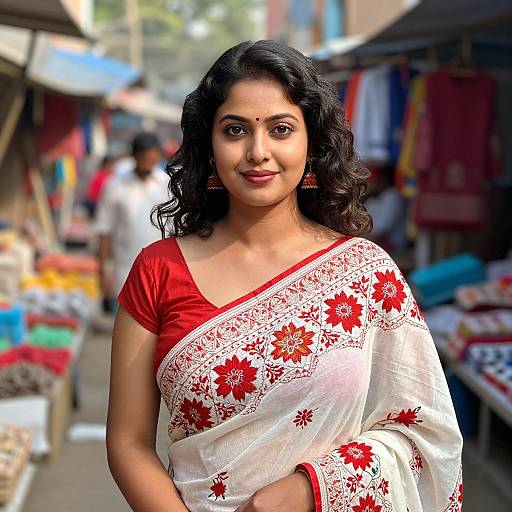 Photograph of a smiling Indian woman with dark curly hair, wearing a red and white floral saree, standing in a bustling outdoor market.