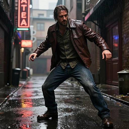 Photograph of a bearded man in a wet, dark alley at night, wearing a leather jacket, button-up shirt, and jeans, with a