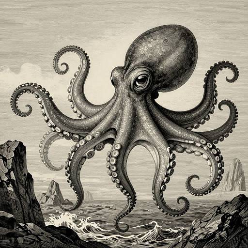 Black and white illustration of a detailed, textured octopus with curling tentacles, set against a rocky ocean landscape with waves.