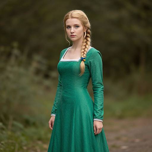 Blonde Girl in Green Medieval Gown