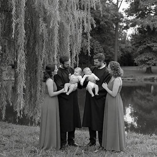 Black and White Portrait of Two Couples with Babies by Pond