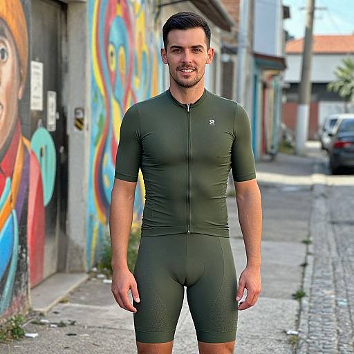 Photograph of a muscular, smiling man with short dark hair, wearing a green, form-fitting, zippered cycling suit, standing on a colorful