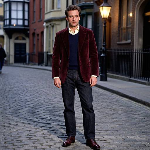 Photograph of a man with short brown hair, wearing a burgundy velvet blazer, black sweater, white shirt, dark pants, and brown shoes