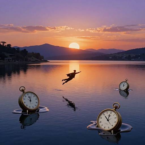 Surreal Melting Clocks Over Tranquil Lake