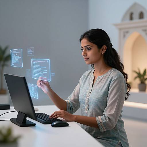 Photograph of a focused Indian woman with long black hair, wearing a light blue traditional blouse, using a laptop with floating digital text icons. Modern,