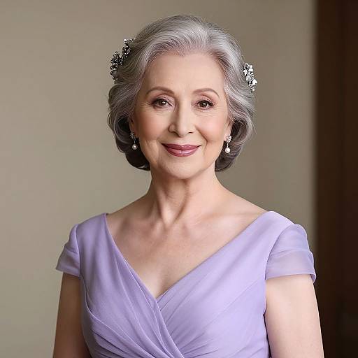 Photograph of an elegant elderly woman with silver hair, wearing a light purple dress, pearl earrings, and a floral hair accessory, smiling gently against a