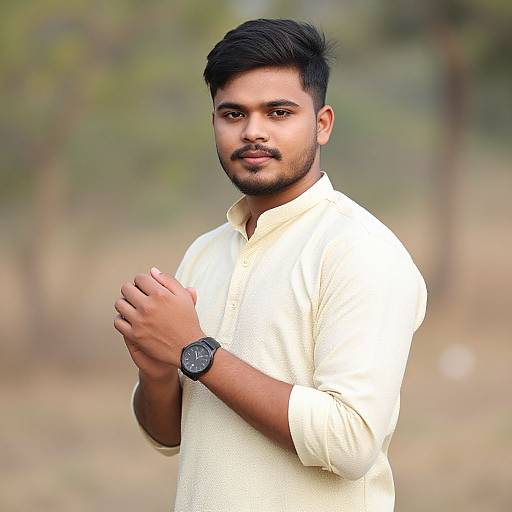 Photograph of a young South Asian man with short black hair and trimmed beard, wearing a cream-colored kurta, black wristwatch, standing outdoors with