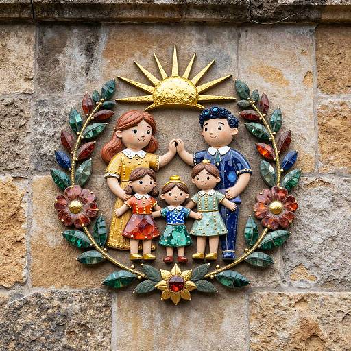 Photograph of a colorful, wooden family plaque with a smiling family, sun, and floral wreath on a stone wall.