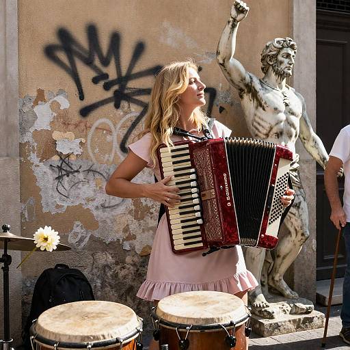 Blonde Woman Playing Accordion in Urban Scene