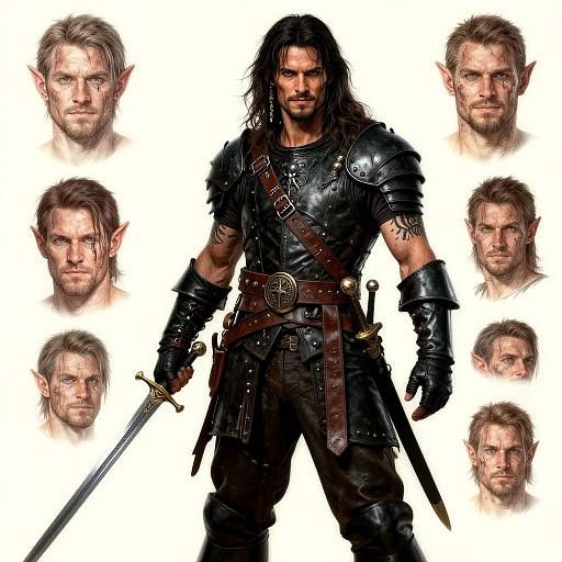 Digital artwork of a muscular, dark-haired, bearded warrior with elf-like ears, wearing black leather armor and holding a sword, surrounded by eight head