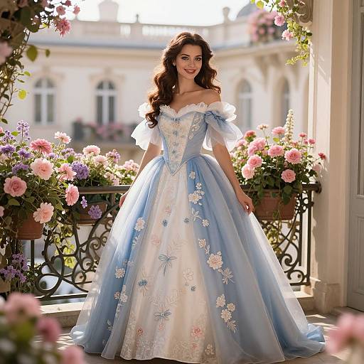 Elegant Woman on Flowered Balcony