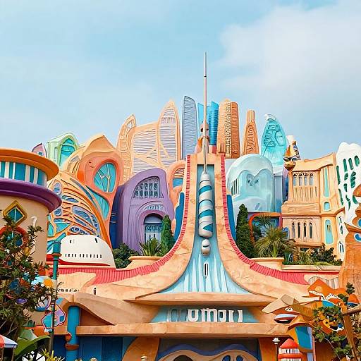 Vibrant, colorful photograph of a whimsical, futuristic amusement park architecture with curved, colorful buildings, a central spiral slide, and lush greenery