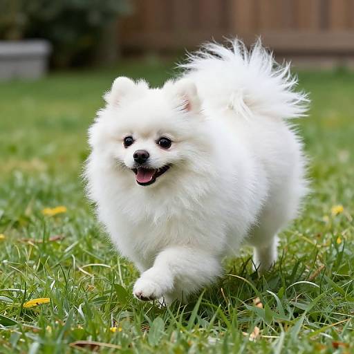 Photograph of a fluffy, white Pomeranian puppy with black eyes and pink tongue, running joyfully on green grass with yellow dandelions,