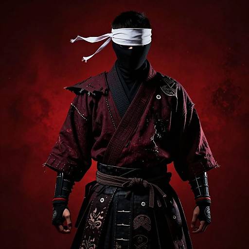 Photograph of a stealthy ninja with white blindfold, dark red kimono, black gloves, and sash, set against a vibrant red background